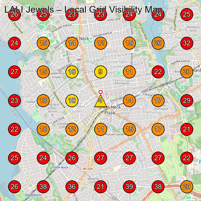 LALI Jewels GeoGrid visibility map for Jewelry Manufacturer in Great Neck